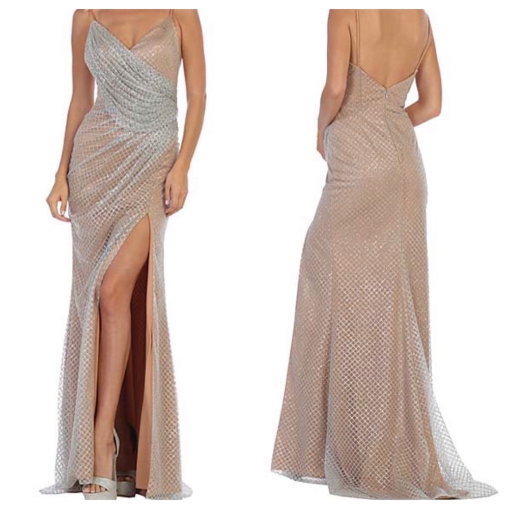🆕 May Queen Silver Nude Split-hem Long Dress